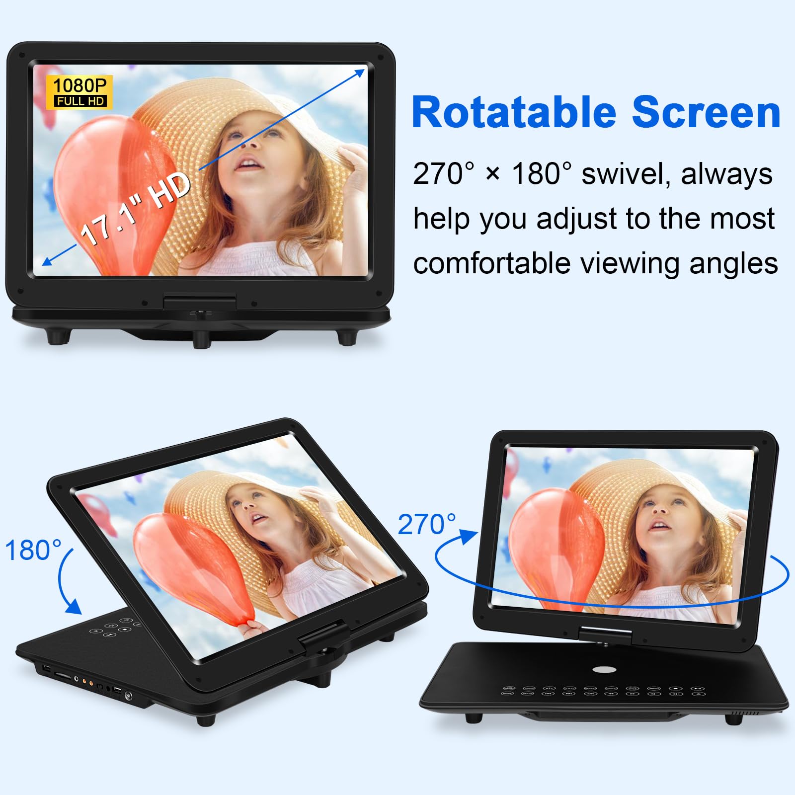 19.6'' Portable Dvd Player With 17.1'' Hd Swivel Screen, 4H Rechargeable Battery, Support Usb/Sd Card/Discs/Sync Tv, Dual Stereo